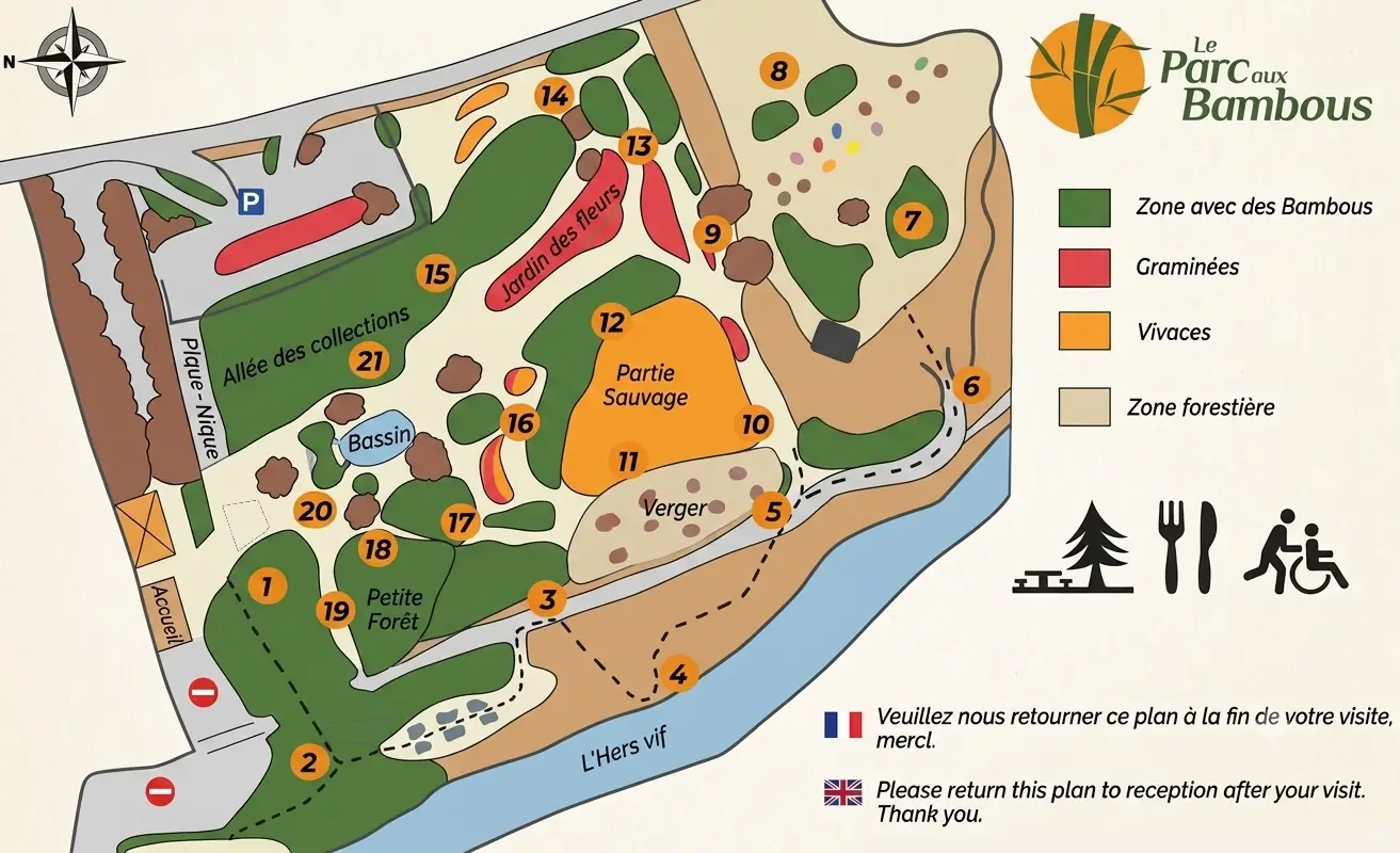 Plan illustré du parc le long de l'Hers vif : zones de bambous, graminées, vivaces et zone forestière, bassin, verger, jardin des fleurs, partie sauvage, petite forêt, aires de pique-nique et accueil